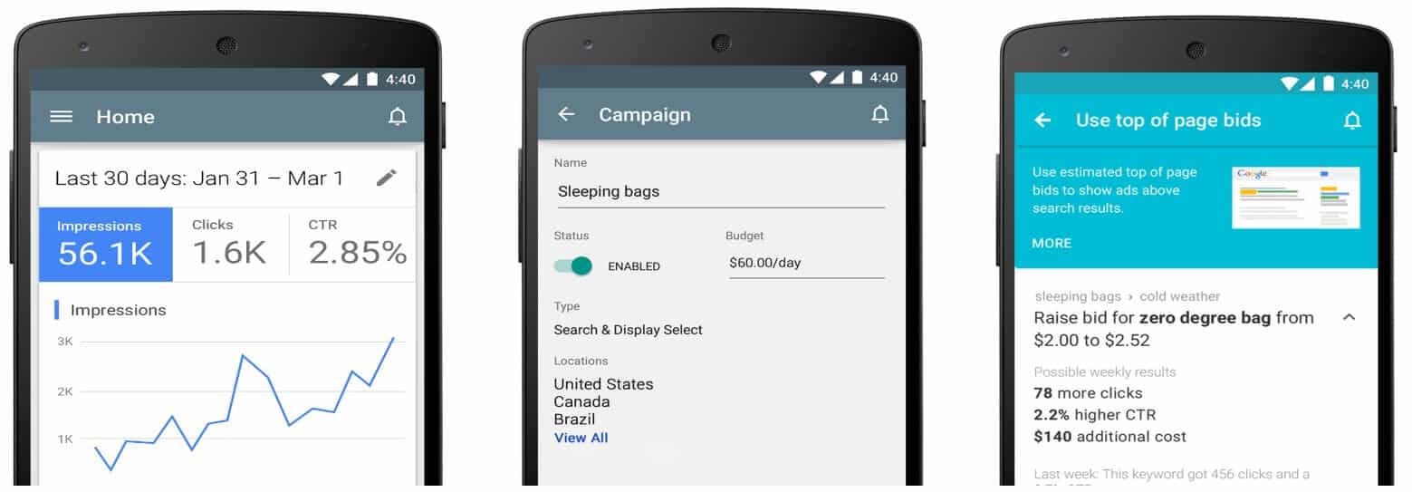 3 screenshots of the Google Ads app dashboards