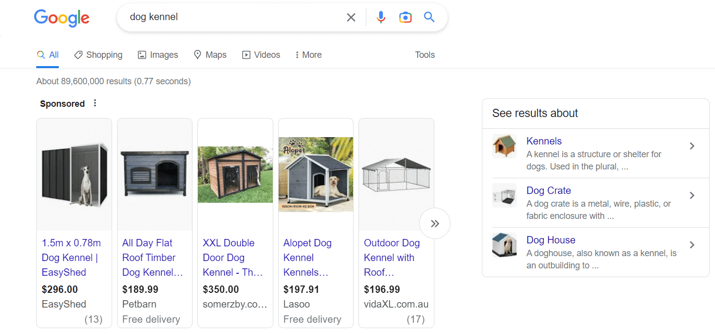 A screenshot of Google Shopping Ads for the search "dog kennel"