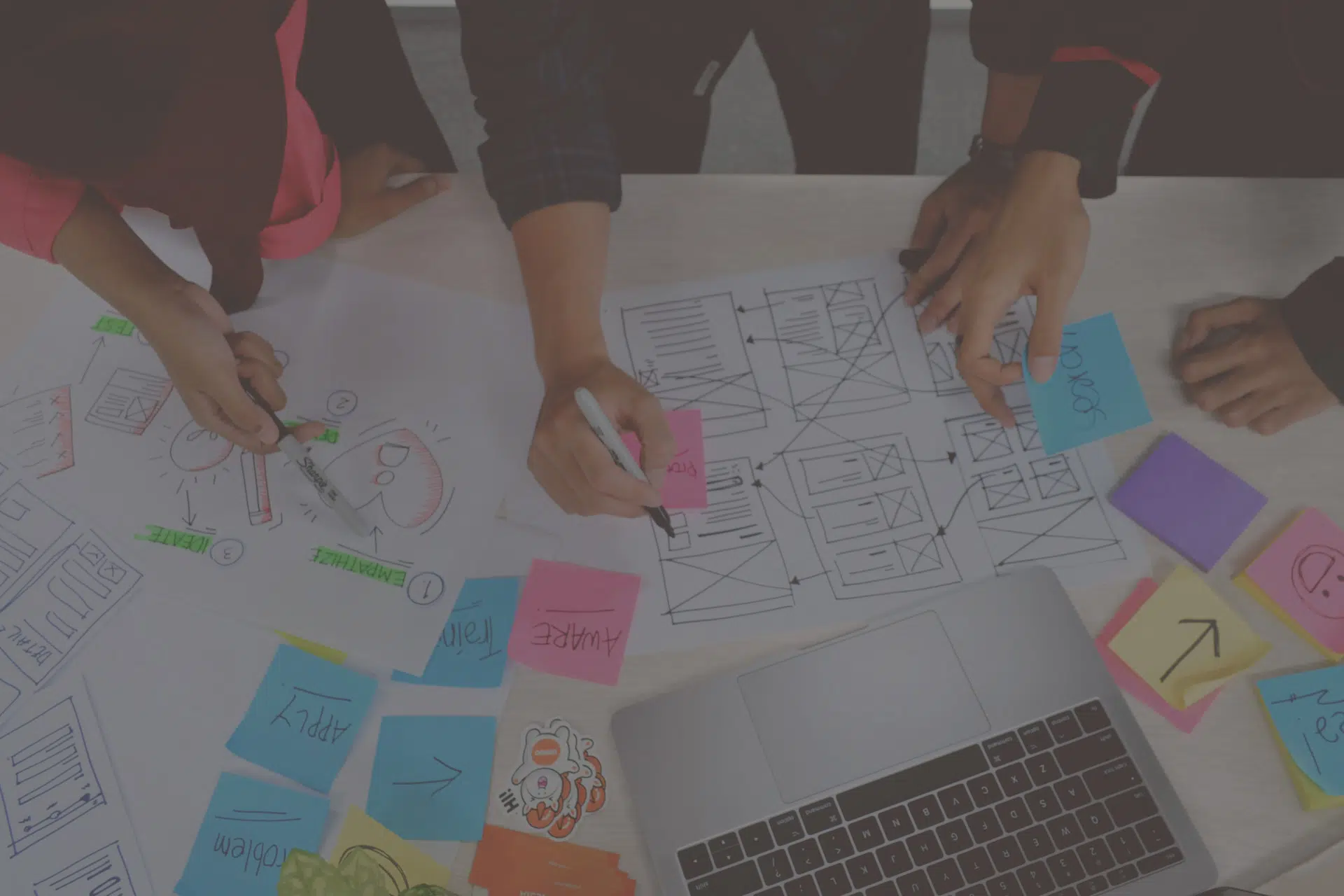 Overhead shot of 3 women working out a business process with post-it notes