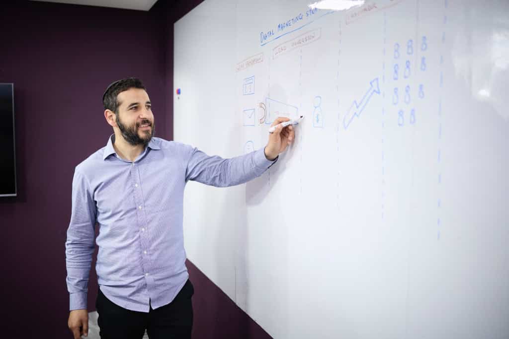 Joel designing a marketing strategy on a large whiteboard