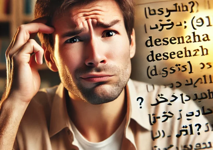 A person with a puzzled and frustrated expression, attempting to understand foreign language text on a screen or document