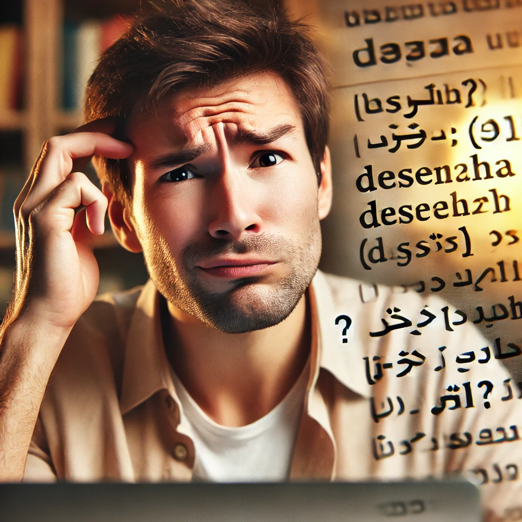 A person with a puzzled and frustrated expression, attempting to understand foreign language text on a screen or document