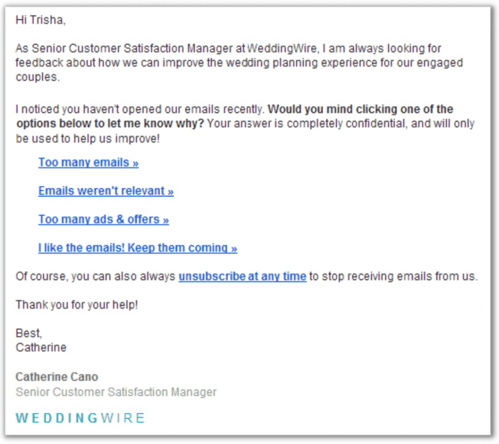 customer satisfaction check in email wedding wire
