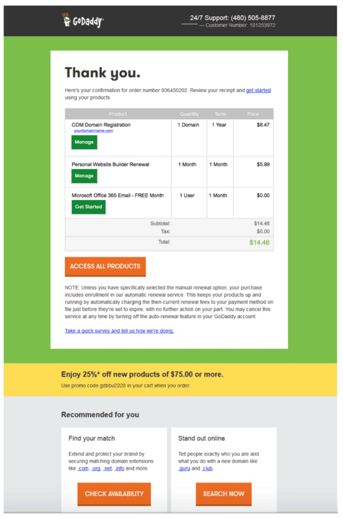 godaddy thank you email