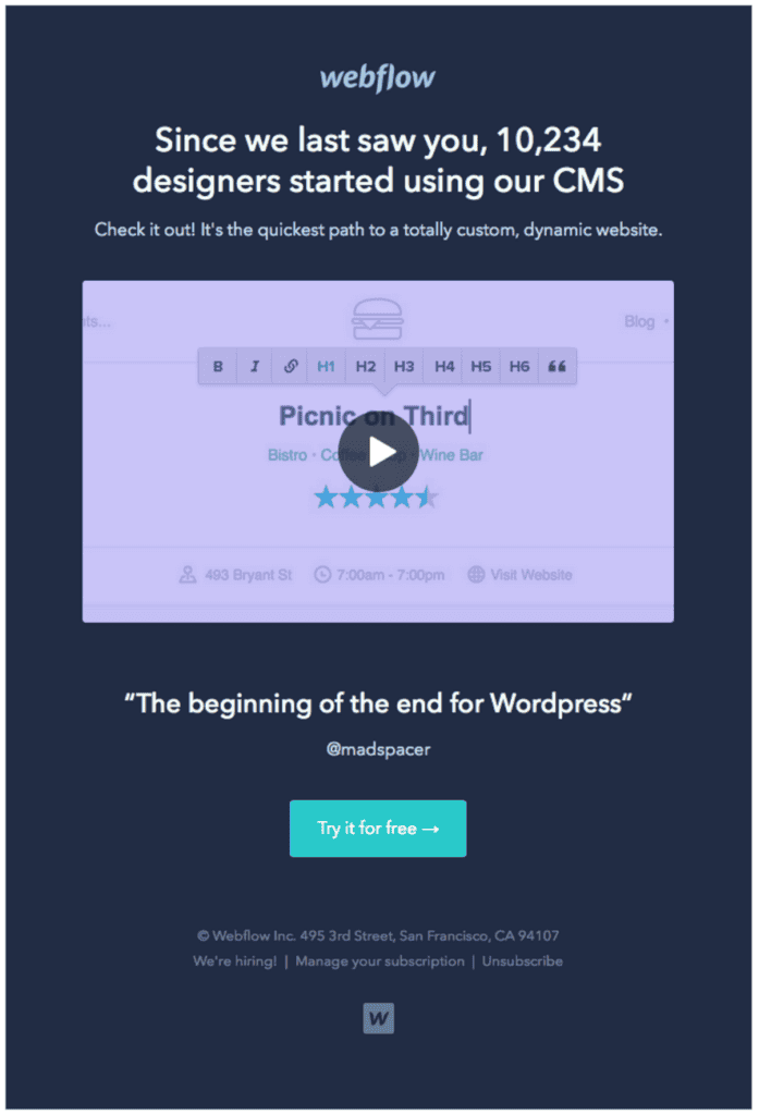 webflow win back email