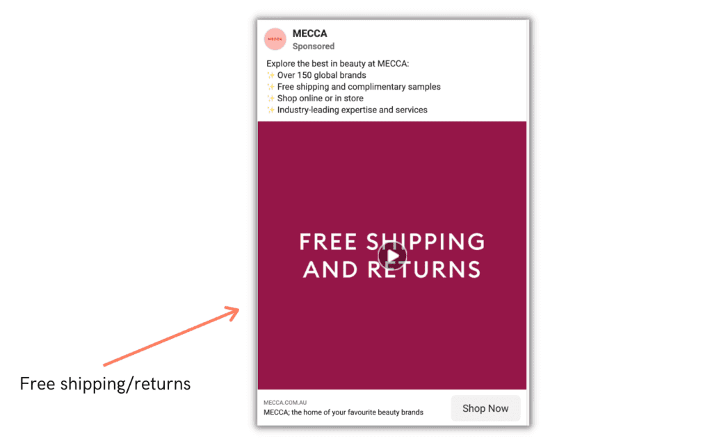 Mecca free shipping and returns ad